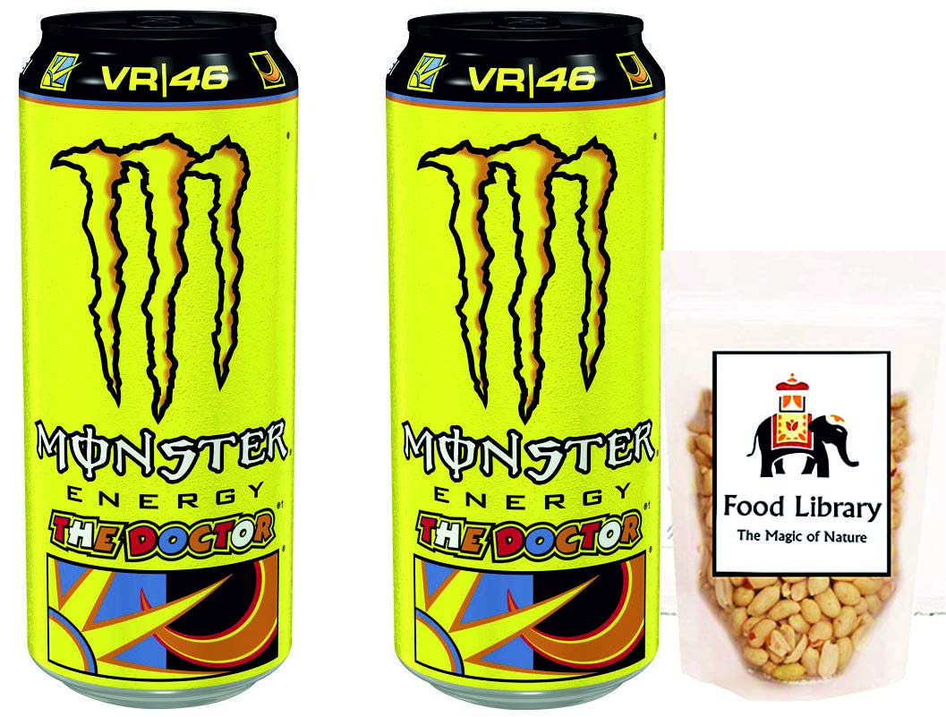 FOOD LIBRARY THE MAGIC OF NATURE Monster Rossi Non Carbonated Tea + Lemonade + Energy Can (Imported), 500Ml - Pack Of 2 + Food Library Roasted Salted Peanuts, 200G