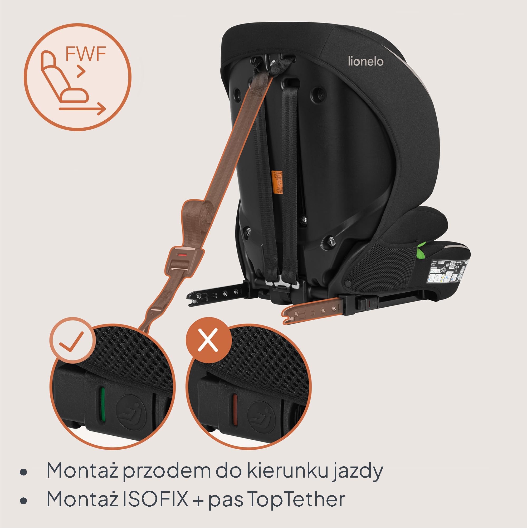LIONELO Fotelik samochodowy Billy i-Size dla dzieci 76-150 cm (15 miesięcy – 12 lat) montaż na pasku lub na pasku, 10-pozycyjny zagłówek, ochrona boczna, górny pasek mocujący, 5-punktowa uprząż z
