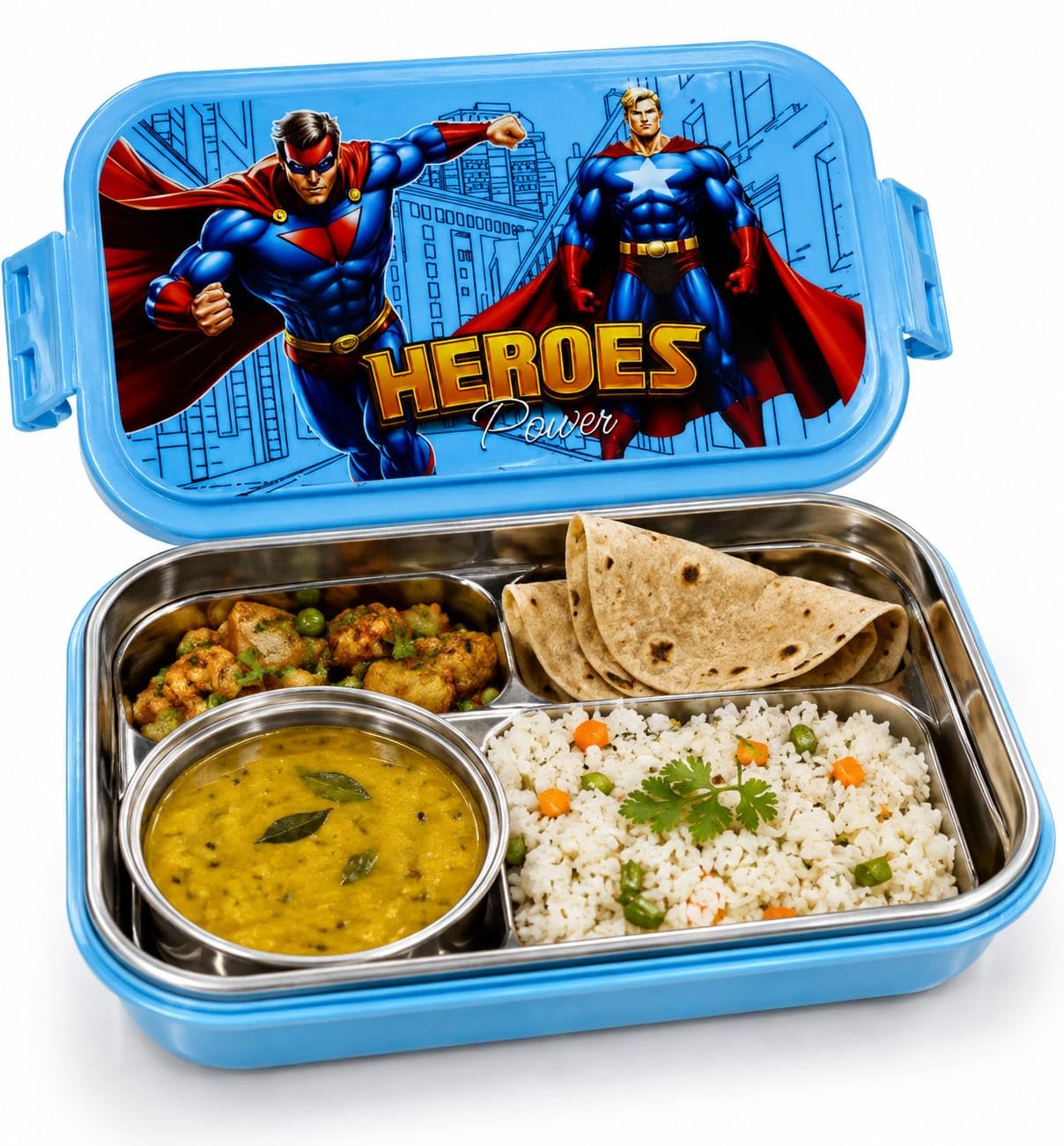Kids Rectangle Stainless Steel Lunch Box with Cartoon Hero Theme | BPA Free Plastic Lid | School Tiffin Box for Boys | Blue-image-5