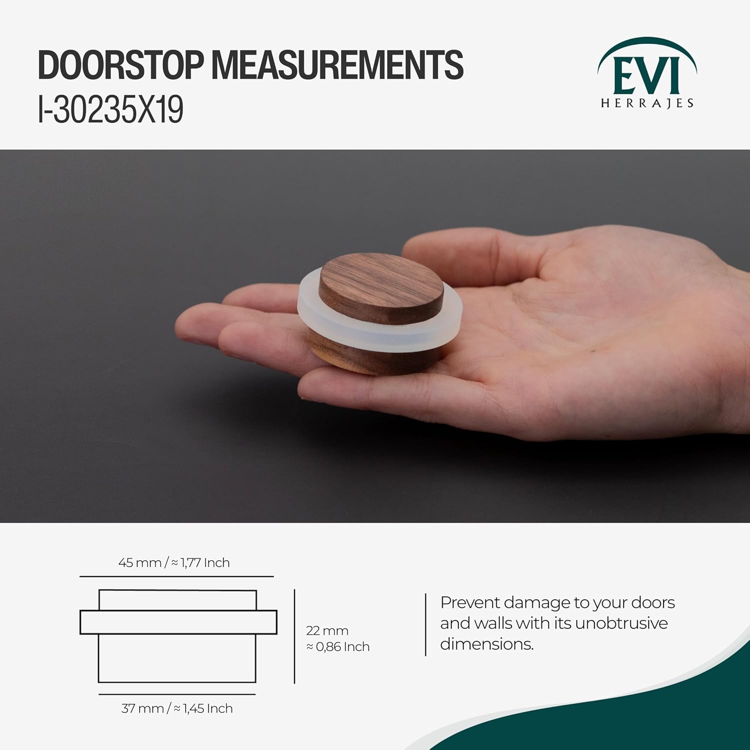 EVI Herrajes | Wooden Door Stop | Walnut Wood with White Rubber | 1.46" x 0.87" | Adhesive Installation | for Smooth Floors | Mod.30235X19