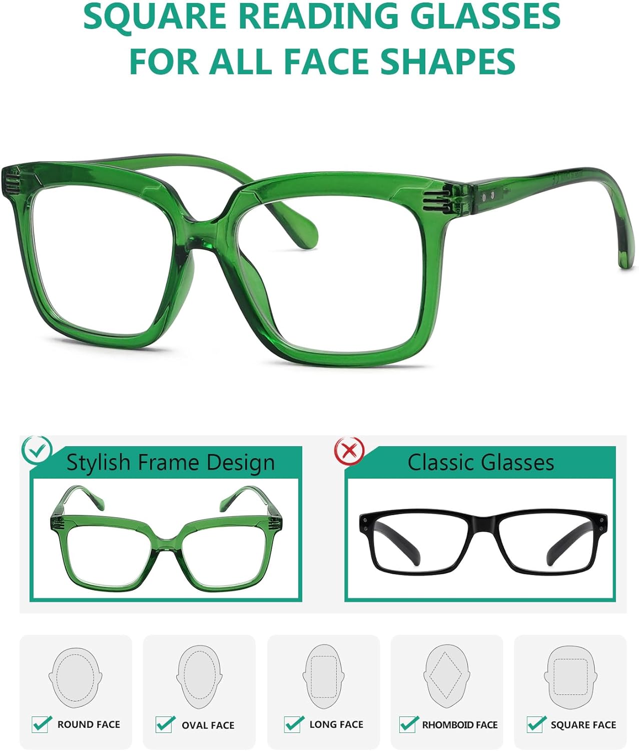 Eyekepper 5 Pack Square Reading Glasses for Women Large Frame Readers Include 2 Pairs Green +2.75