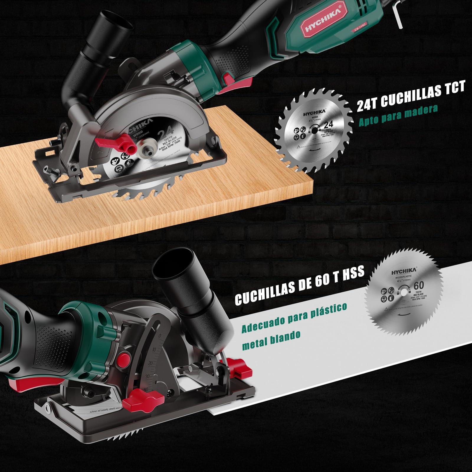 HYCHIKA Mini Scie Circulaire 750W 3500TR/MIN, Scie Compacte avec 3 Lames (24T*2/60T*1) pour Bois, Métal, Coupe Biseautée 45°/90° (Profond. Max 48mm), Bricolage