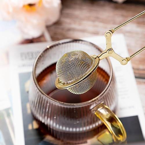 Miniatura 10 de Yinder Infusor de té de hojas sueltas, malla de acero inoxidable, bola de té a presión con asa, filtro de té de metal, reutilizable, con pinzas a