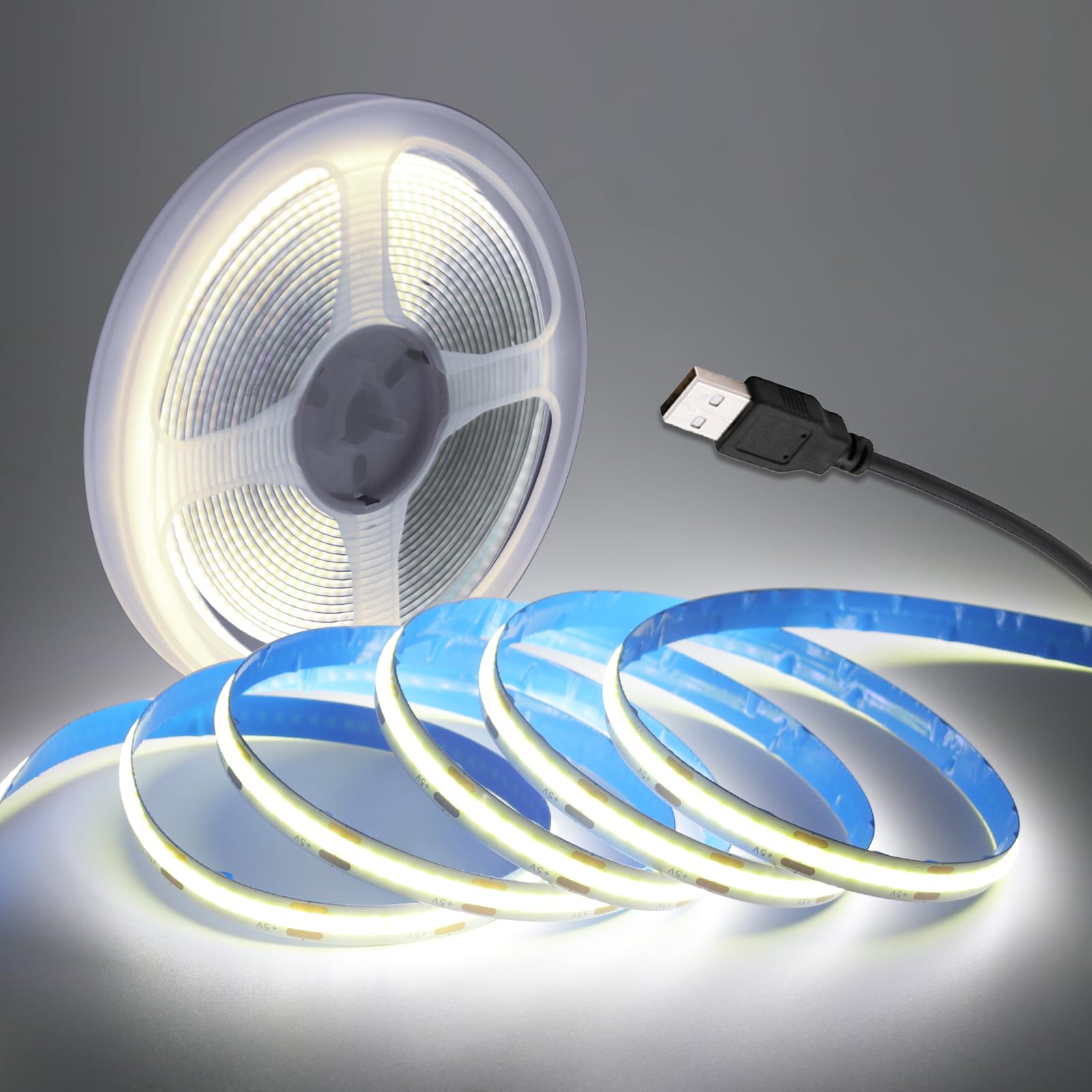 KISUFU 5V USB COB LED Strip Light, 8MM 320 LEDs/m LED Tape Lights High Brightness Flexible USB Powered Strip Light for TV Backlight, Cupboard, Mirror,