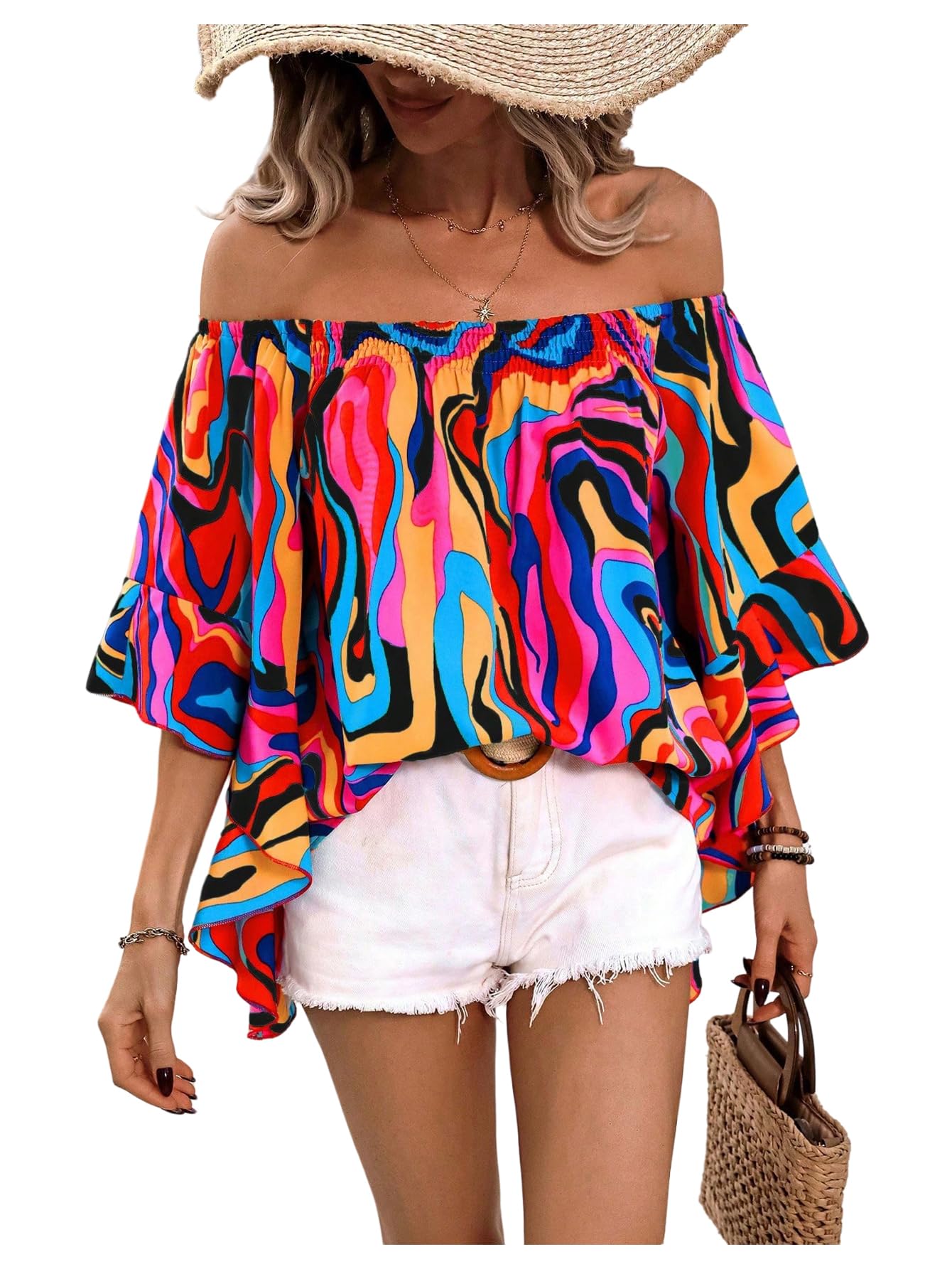 Women's Off The Shoulder Tops Boho Asymmetrical 3/4 Sleeve Ruffle Colorful Blouses Shirt Tops Dressy Casual