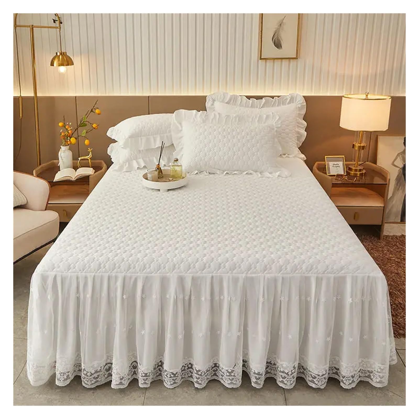 Bed Skirt Cotton Bedding Quilted Lace Embroidery Ruffles Mattress Cover Bedspread Pillowcases 1/3Pcs(White,3pcs design 180x220)