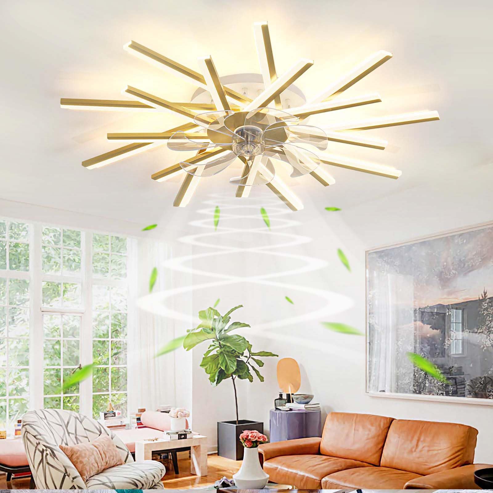 SXDMOUBK Dimmable 6-Blade Ceiling Fan with Remote Control Reversible Quiet DC Motor Modern Chandelier Light for Living Room & Bedroom 92cm Elegant Design