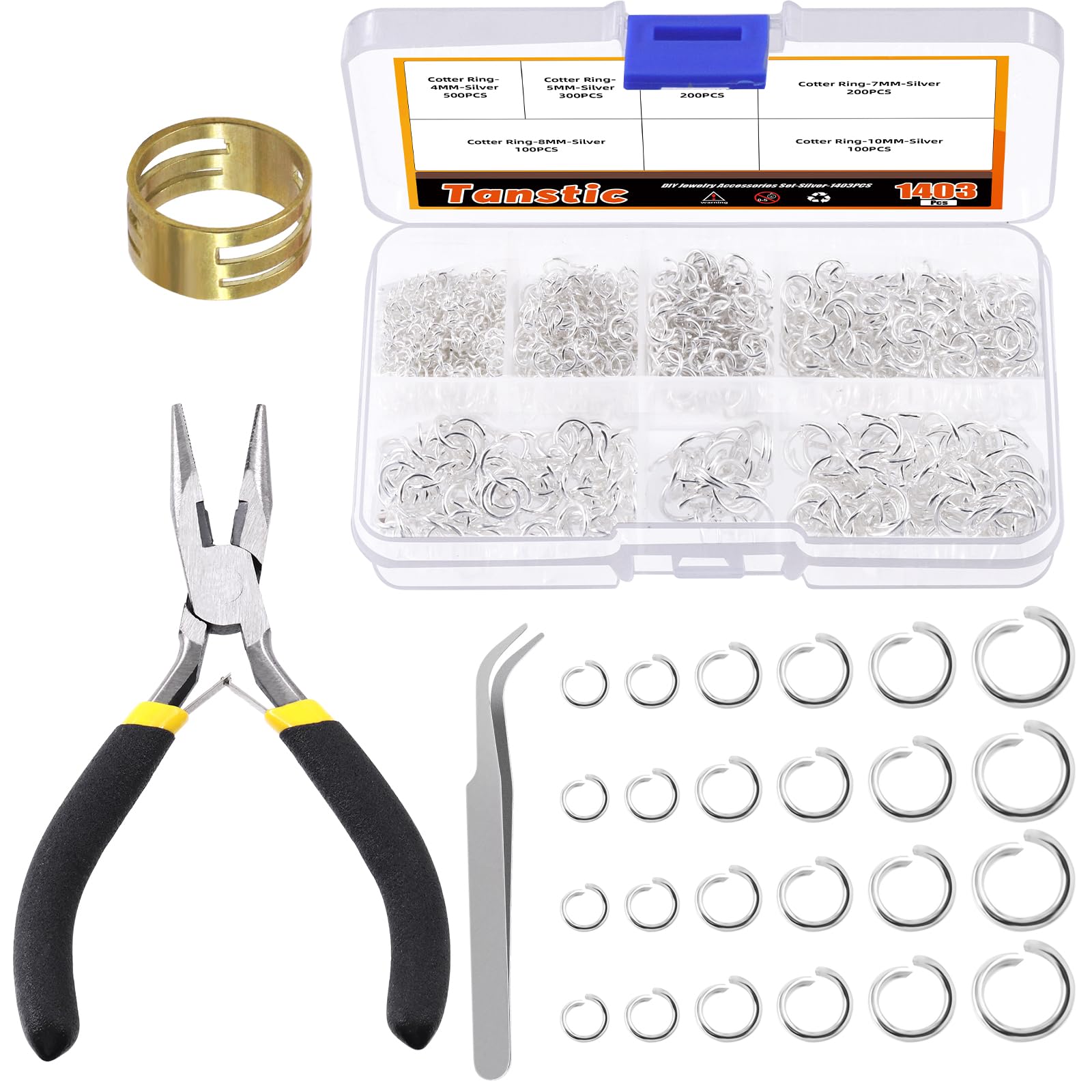 Tanstic 1403Pcs Silver Open Jump Rings Kit, 4mm, 5mm, 6mm, 7mm, 8mm, 10mm Jewelry Jump Rings with Jump Ring Opener, Jewelry Pliers and Tweezer for Jewelry Making
