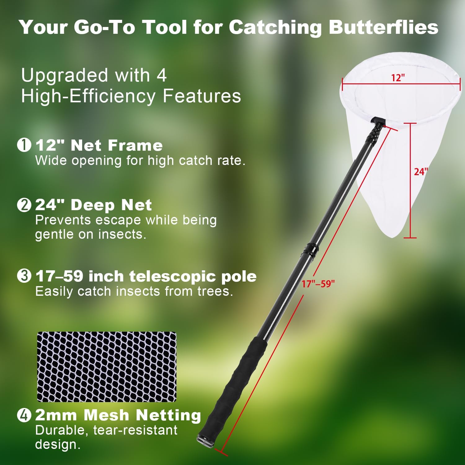 DOBEN Butterfly Net with Carbon Fiber Telescopic Pole, 28"~71" Adjustable, 12" Diameter Net, Lightweight & Durable, Bug Net for Kids and Adults, 1-Year Warranty