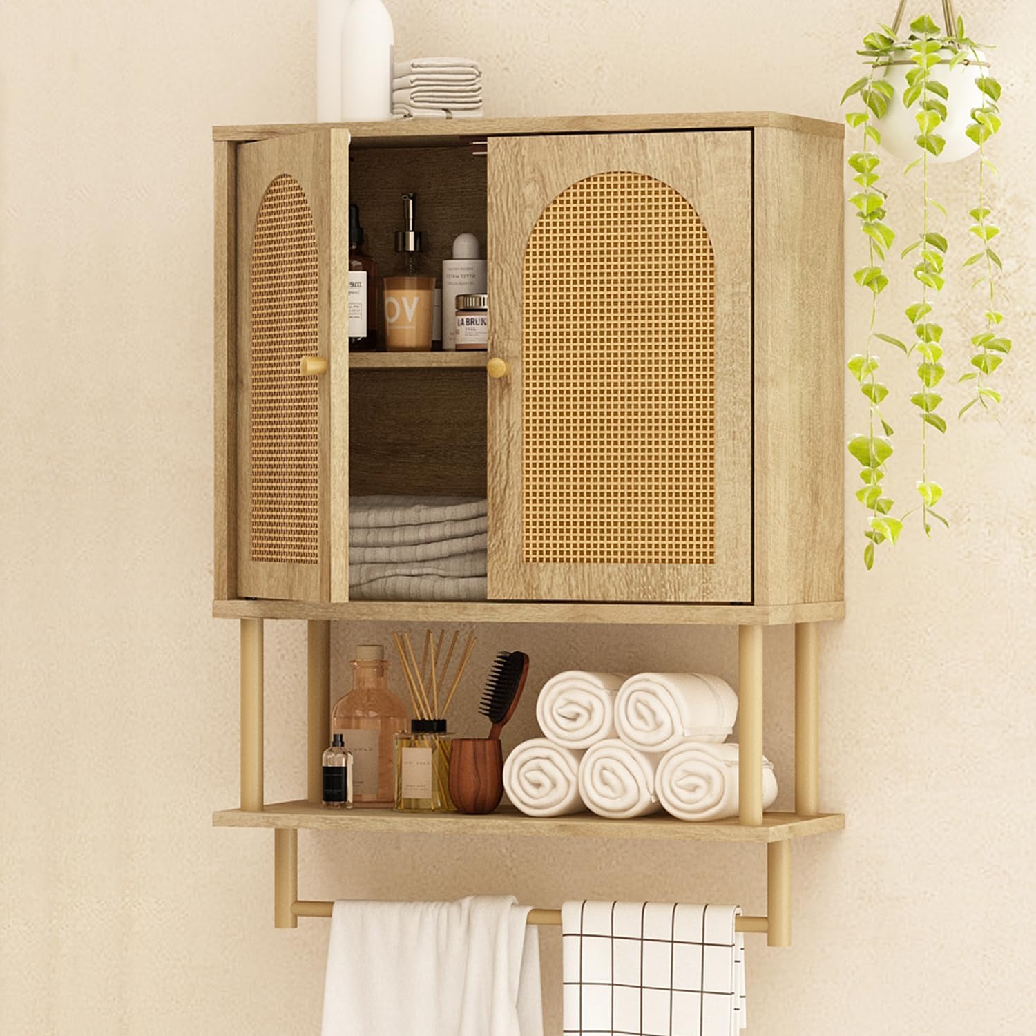 RUSTOWN Rattan Bathroom Wall Cabinet, Modern Boho Medicine Cabinet with Two Arched Rattan Doors, Over The Toilet Storage Cabinet with Adjustable Shelf and Towel Bar for Bathroom (Natural,Medium)