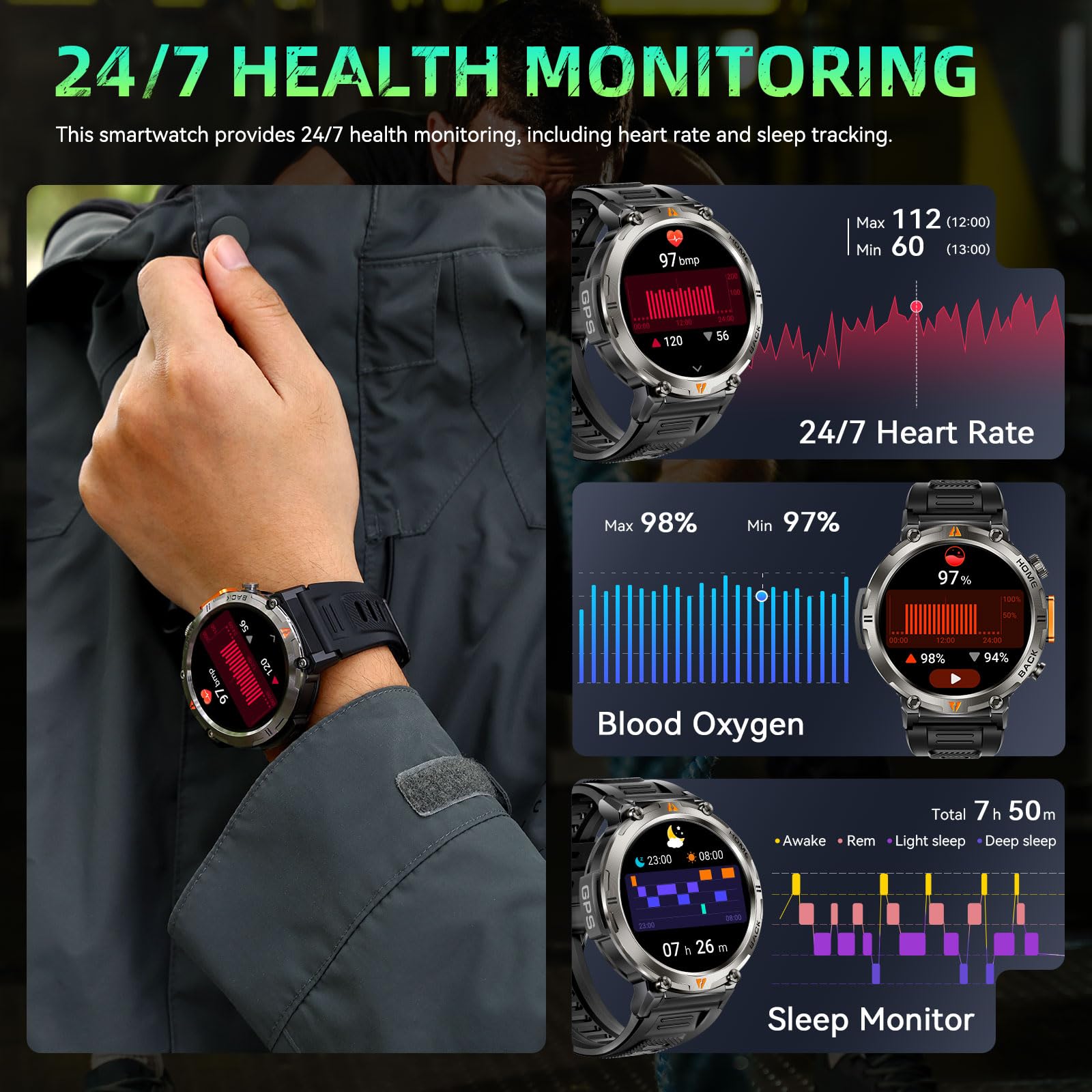 GPS Smartwatch Militare Uomo Impermeabile 3ATM con Torcia LED Bussola, 1,45" HD Rugged Smartwatch Orologio con Chiamate Bluetooth, Fitness Watch con Cardiaca SpO2 Notifiche WhatsApp per Android iOS