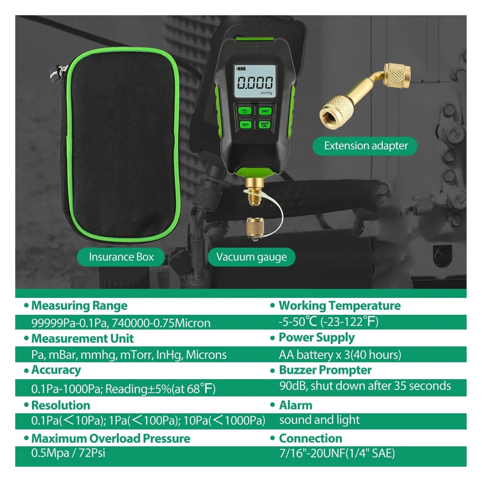Digital Vacuum Gauge 0‑10000Pa 7/16inch 20UNF Interface Backlit Display Micron Meter For Atmospheric Environment
