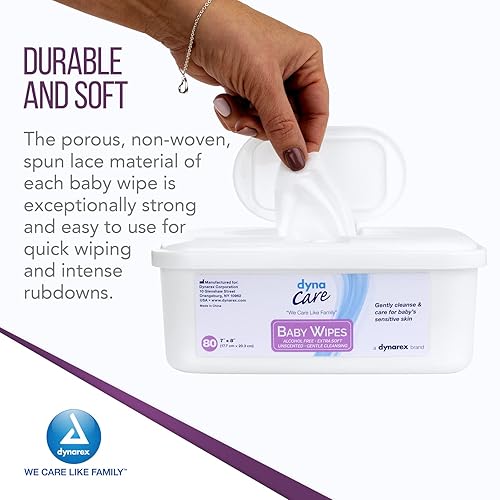 Miniatura 5 de Dynarex 1311 Toallitas sin alcohol para bebés, lanolina y aloe para hidratar la piel, no tejida y sin perfume, 7 x 8 pulgadas, paquete de 960