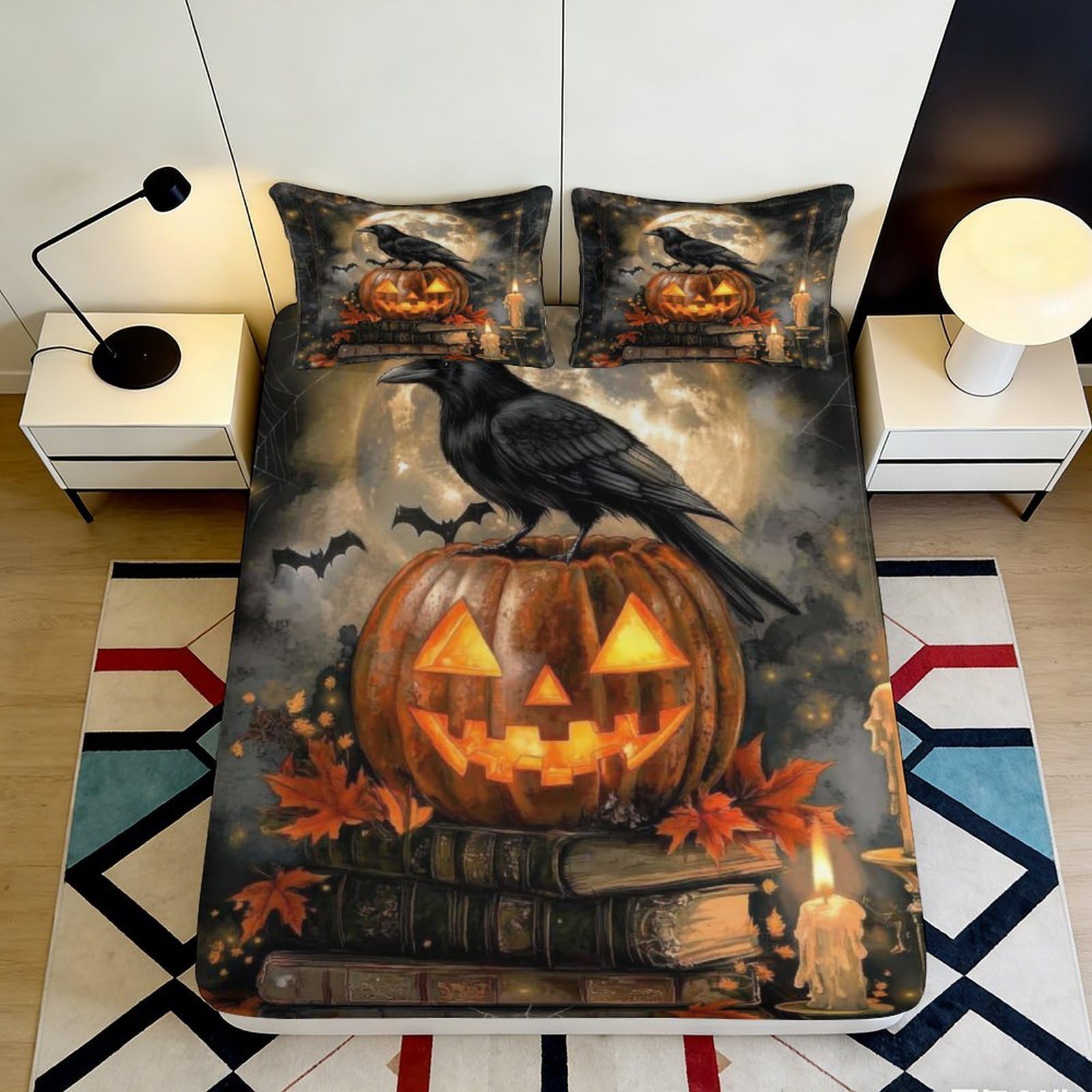 Zfldkwgb Style-9 3D Printed Halloween Pumpkin Fitted Sheet Microfiber Black Raven Bed Cover Autumn Leaves Bedroom Dorm Mattress Protector Decor 90X200x25cm