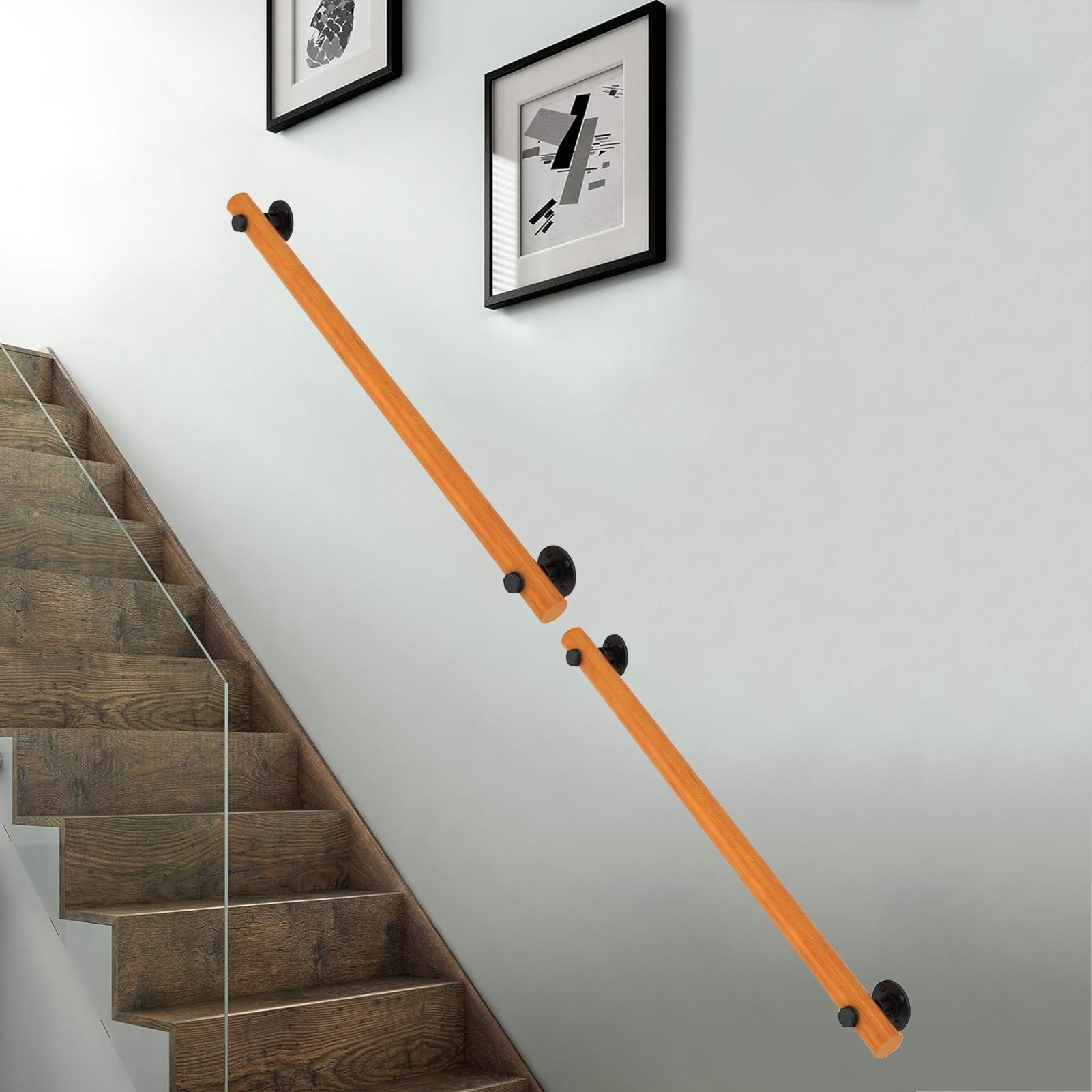 Main courante d'escalier bois massif avec balustre et support de sécurité