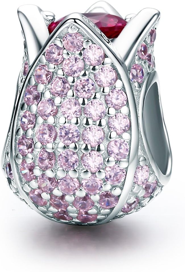 Eternalll Orchid Charms 100% 925 Sterling Silver Pink Enamel Flower Dragonfly Love Heart Bead Charms European Bead fit Pandora Bracelets Beads Crystal Jewelry (Red rose Charms)