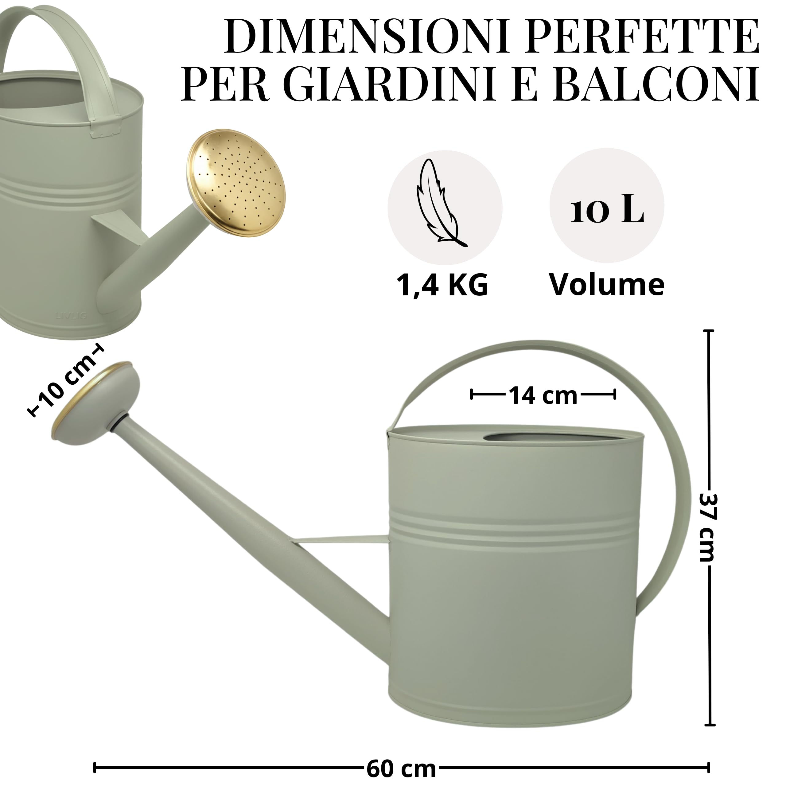 LIVLIG Annaffiatoio 10 Litri Metallo – Giardino Grande con Pomello Removibile in Ottone, Design Vintage, Verde