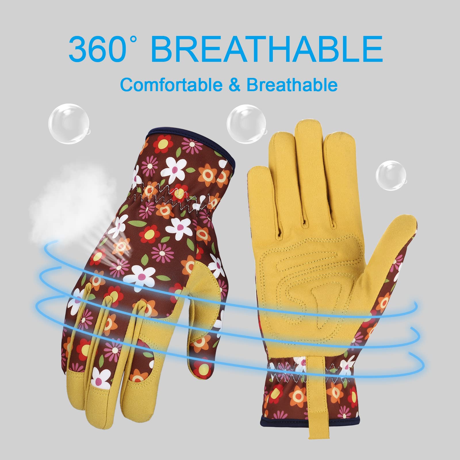 Guantes de jardinería de cuero para mujer, guantes de trabajo para deshierbe, excavación, plantación, rastrillar y poda (marrón+amarillo)