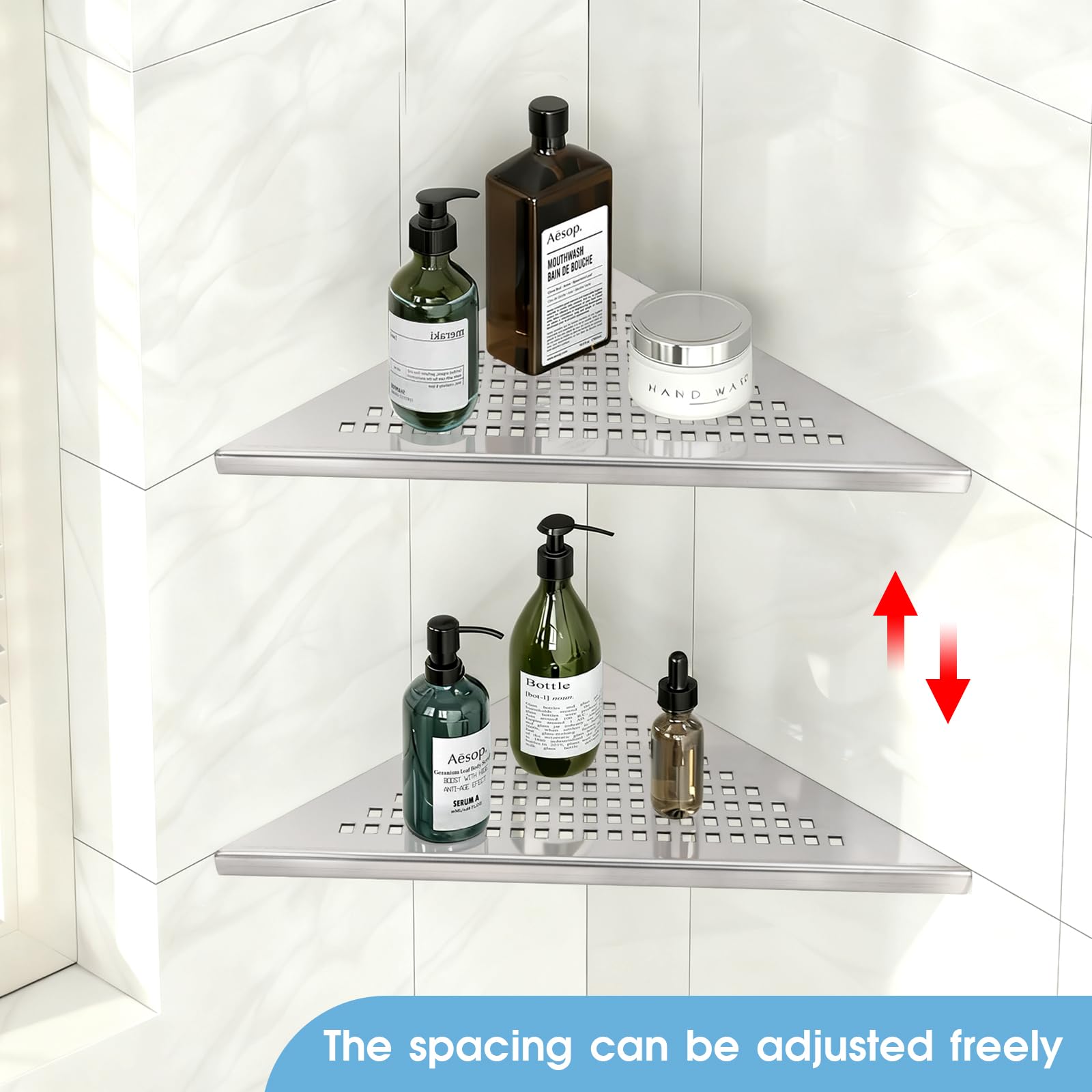 2 Pièces Étagère d'angle pour douche en acier inoxydable 304 étagère d'angle de salle de bain sans perçage, Support de douche avec design en grille (Finition brossée intégrée, 254 mm x 254 mm)