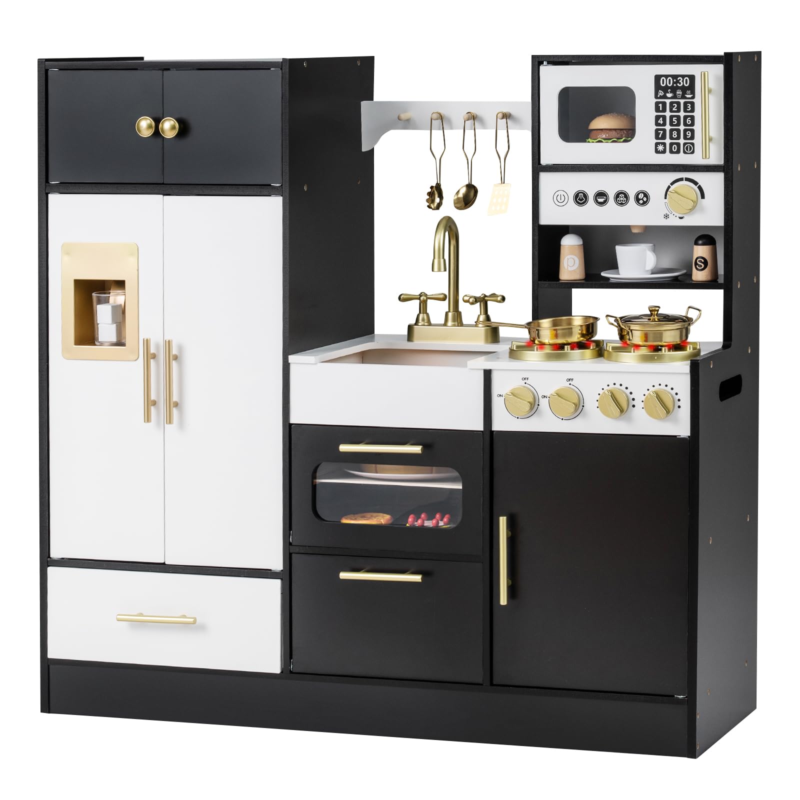 COSTWAY Cucina Giocattolo per Bambini, Set Cucinetta in Legno con Luci e Suoni Realistici, Fornelli, Lavello, Rubinetto, Forno, Microonde, Macchina del Caffè, Gioco di Finzione Chef per Bambini 3+
