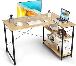 COSTWAY Corner Computer Desk, L-Shaped Writing Study Table with Reversible and Adjustable Bookshelf, Space-Saving Home Office PC Laptop Workstation (Natural)