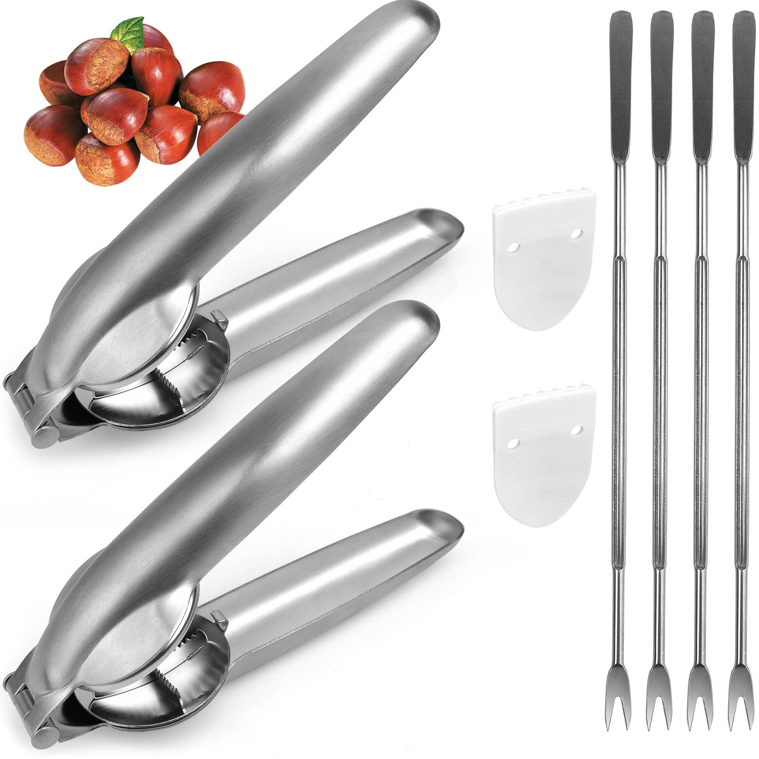 2Pack Anwenk Nutcracker Chestnut Clip Peeler Nut cracker Pecan Walnut Plier Opener 304 Stainless Steel Kitchen Tools with 4 Picks