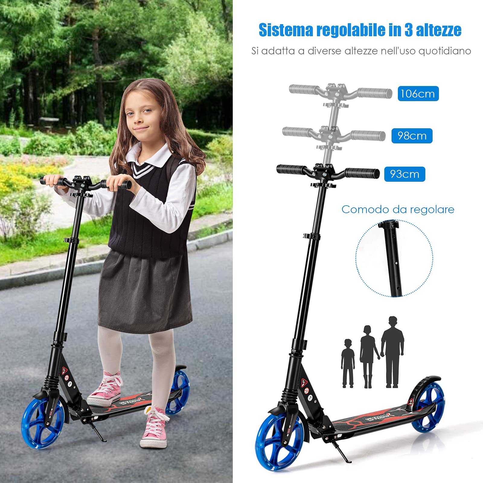 COSTWAY Scooter Monopattino a Spinta per Bambini Pieghevole e Regolabile in Altezza (91-106 cm), con Ruote Luminose e Cavalletto, Carico Massimo 100kg
