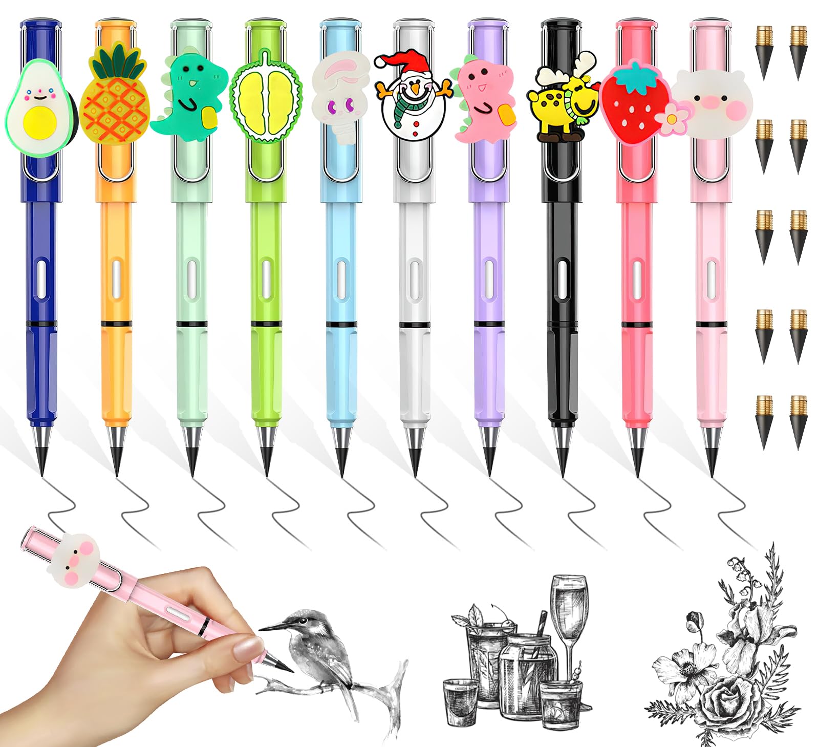 Lápiz Infinito para Niño, Darryy 10 Pcs Lápiz Eterno Colores, Lápiz Infinito con Goma, Lápiz Infinito Kawaii, con 10 Lápiz Eterno Recambio, Portátil Reutilizable, para Escribir, Dibujar
