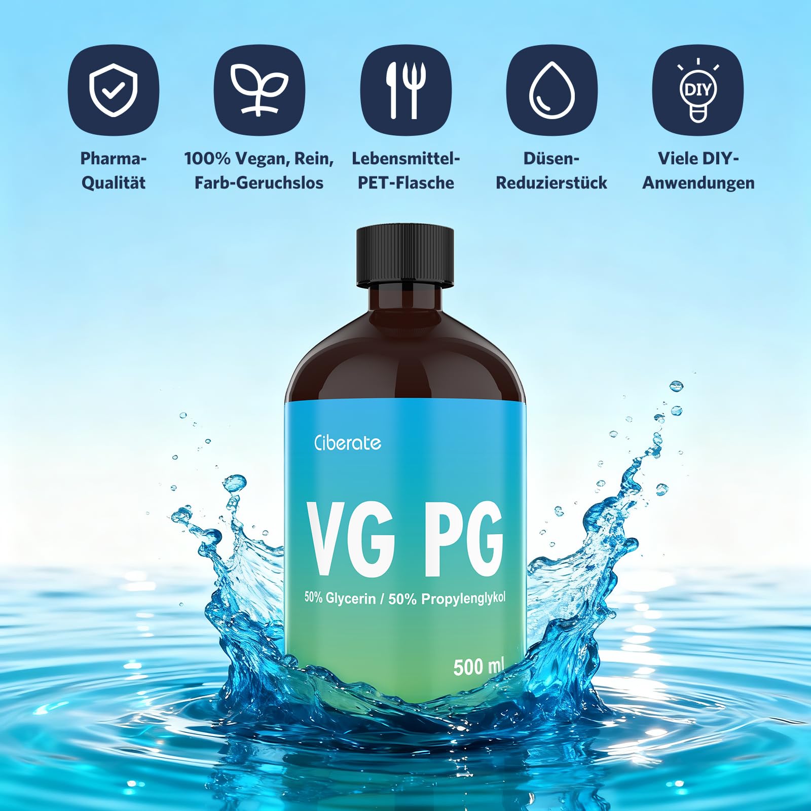 2 x 500ml 50% VG Glycerin / 50% PG Propylenglykol - Vegan, Pflanzlich, Pharmazeutische Qualität, Premium Hochreines VG/PG-Gemisch, 0% Zusatzstoffe
