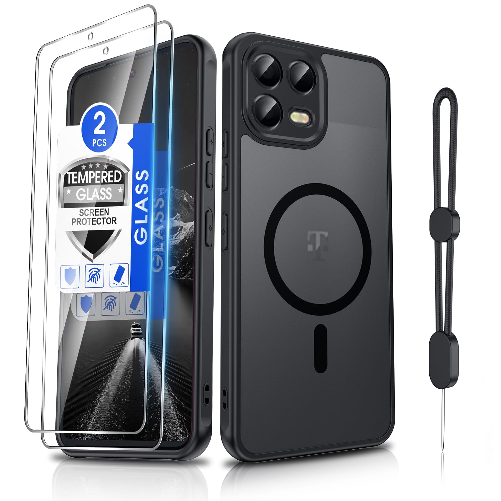 Dizn Magnetic for T-Mobile Revvl 8 Pro Phone Case:[Not Fit Revvl 8] with Tempered Glass Screen Protector,Strap,Compatible with MagSafe,Matte Translucent &amp; Shockproof Cover Funda,for Revvl8 pro, Black