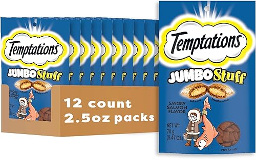 TEMPTATIONS Jumbo Stuff Crunchy and Soft Cat Treats Savory Salmon Flavor, bolsa de 2.5 onzas (paquete de 12)