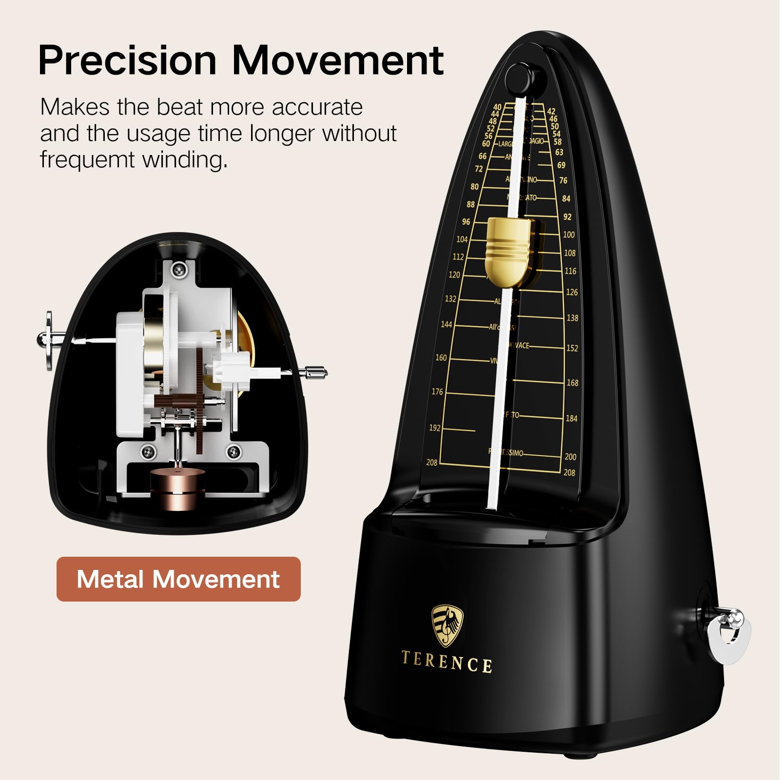 TERENCE Metronome Metronomo meccanico ad alta precisione con campana accentata, tempo preciso, durevole per pianoforte, violino, batteria, basso, chitarra, adatto come regalo, nero
