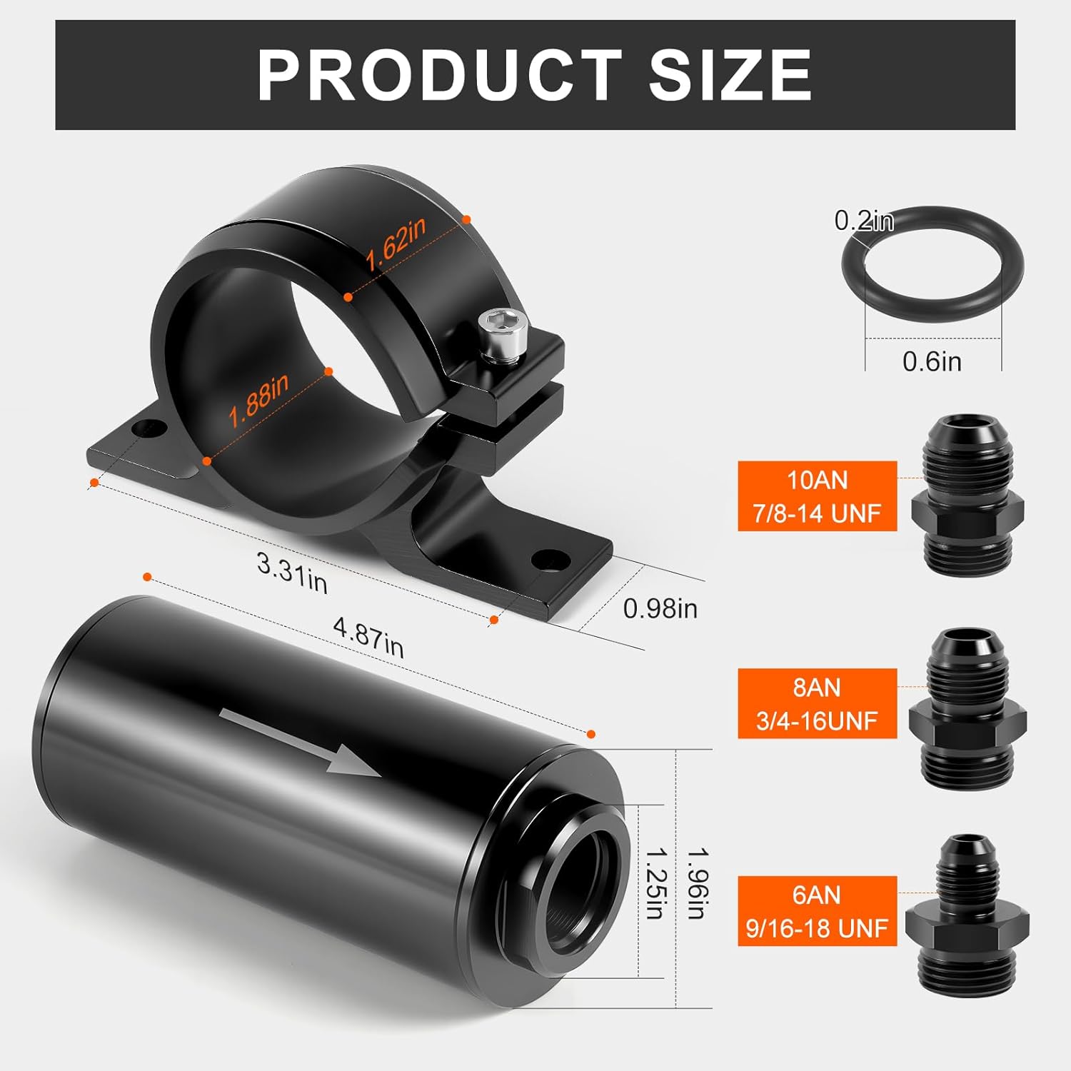10 MICRON Inline Fuel Filter, Compatible with Evil Energy Fuel Filter, 6AN, 8AN, 10AN Adapters with Bracket Clamp 50MM Universal, for Gasoline, Diesel, and E85 Ethanol Fuel Systems