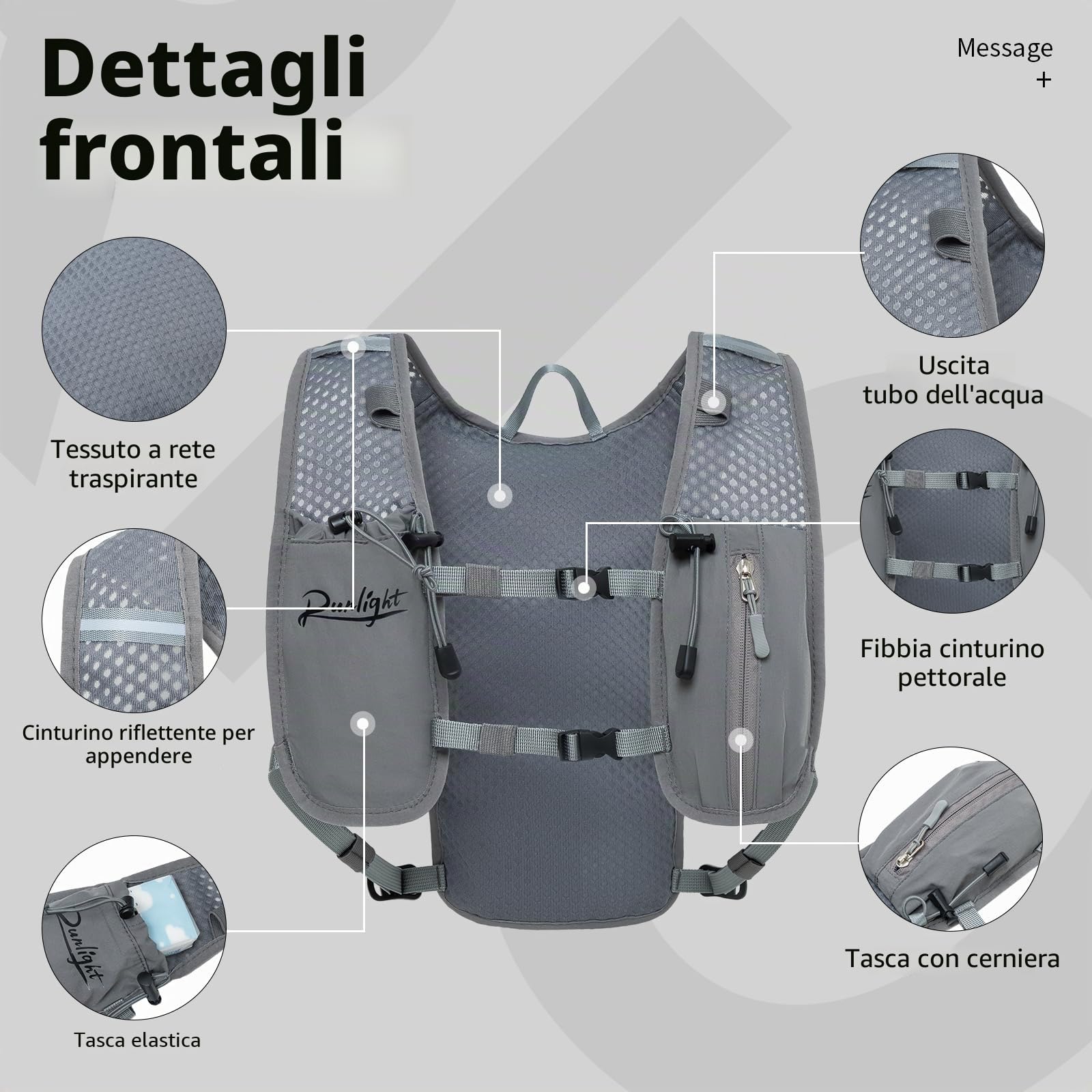 Runlight Gilet da corsa per uomo e donna, cinghie pettorali regolabili, gilet idratante da corsa, con borraccia da 1500 ml