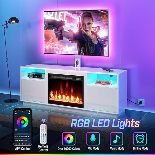 Miniatura 4 de Rolanstar Fireplace TV Stand with Led Lights and Power Outlets, Entertainment Center with Electric Fireplace, Swivel TV Stand Mount for 45/55/60/65