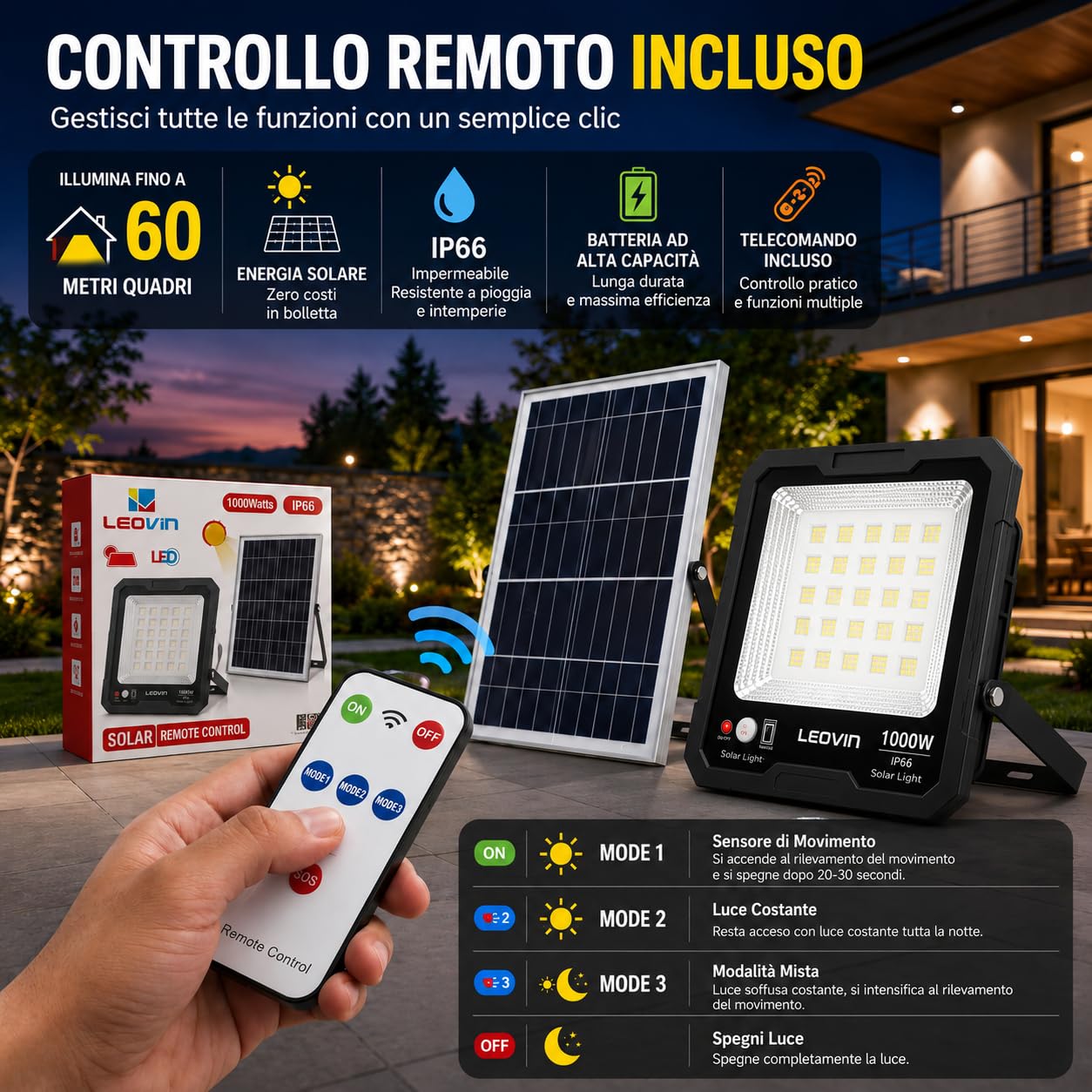 Generico Faretto Solare LED 1000W con Pannello Solare Esterno, Sensore di Movimento PIR, Telecomando, Batteria 5400mAh, 144 LED Alta Luminosità, Impermeabile IP66 per Giardino, Cortile, Garage
