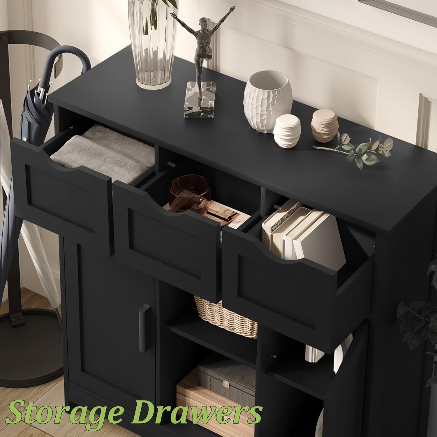 Modern Black Storage Cabinet with 3 Drawers for Storage, Farmhouse Floor Cabinet with Shelves for Living Room