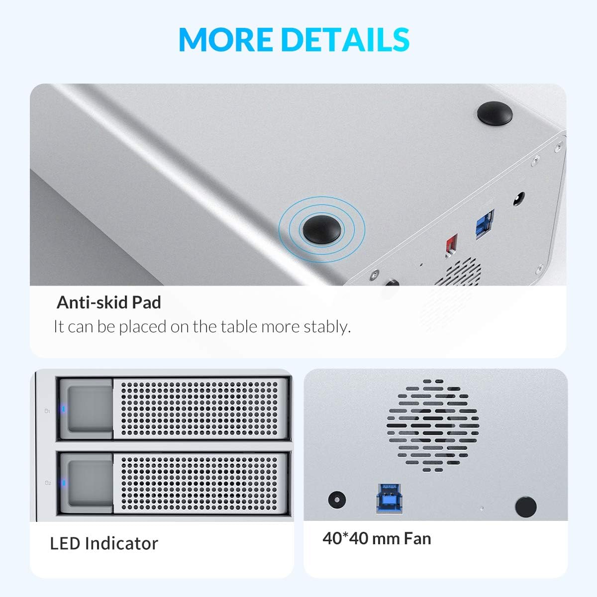 รายละเอียด view of enclosure features: anti-skid pad, LED indicator, and cooling fan.