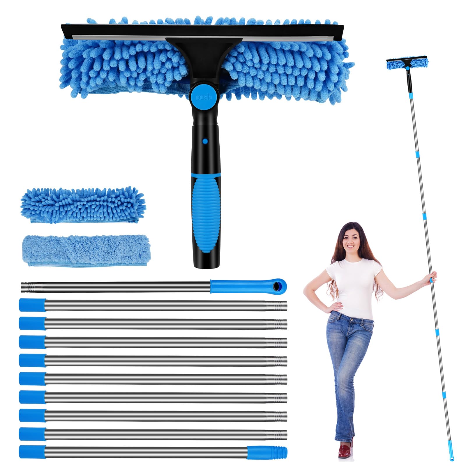 Lavavetri Telescopico 4M, 2-in-1 Bastone Telescopico per Pulizia con 2 panni in microfibra, Tergivetro Professionale con Manico Estensibile, Pulitore Vetri Finestre,Pulizia Vetri Esterni (Blu)