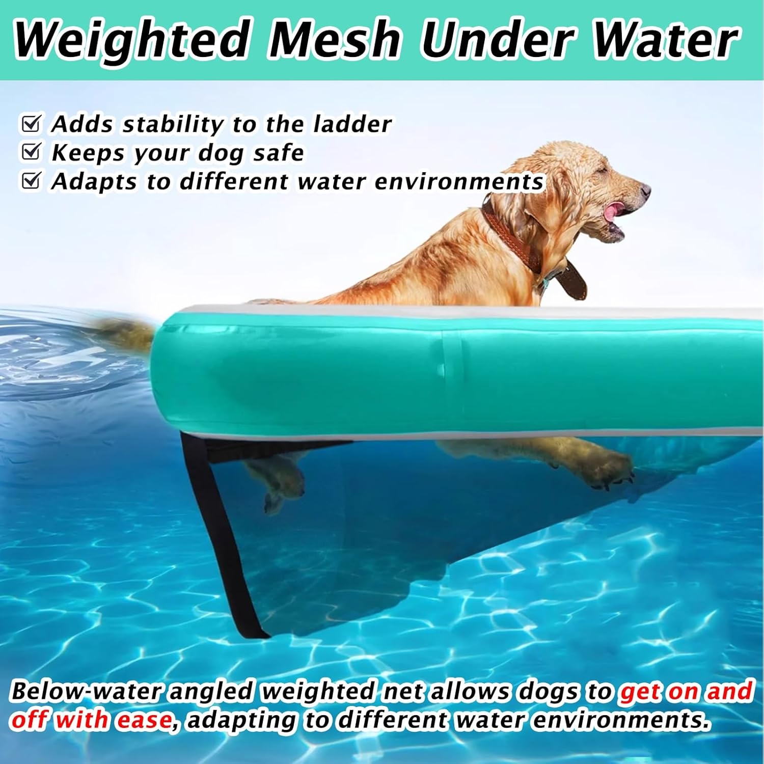 Inflatable Dogs Water Ramp, Dog Floating Ladder for Pools, with Underwater Tilting Weighted Net & All Accessories, Dog Pool Ramp for Lakes/Rivers/Docks, Tear-Resistant PVC(Black)