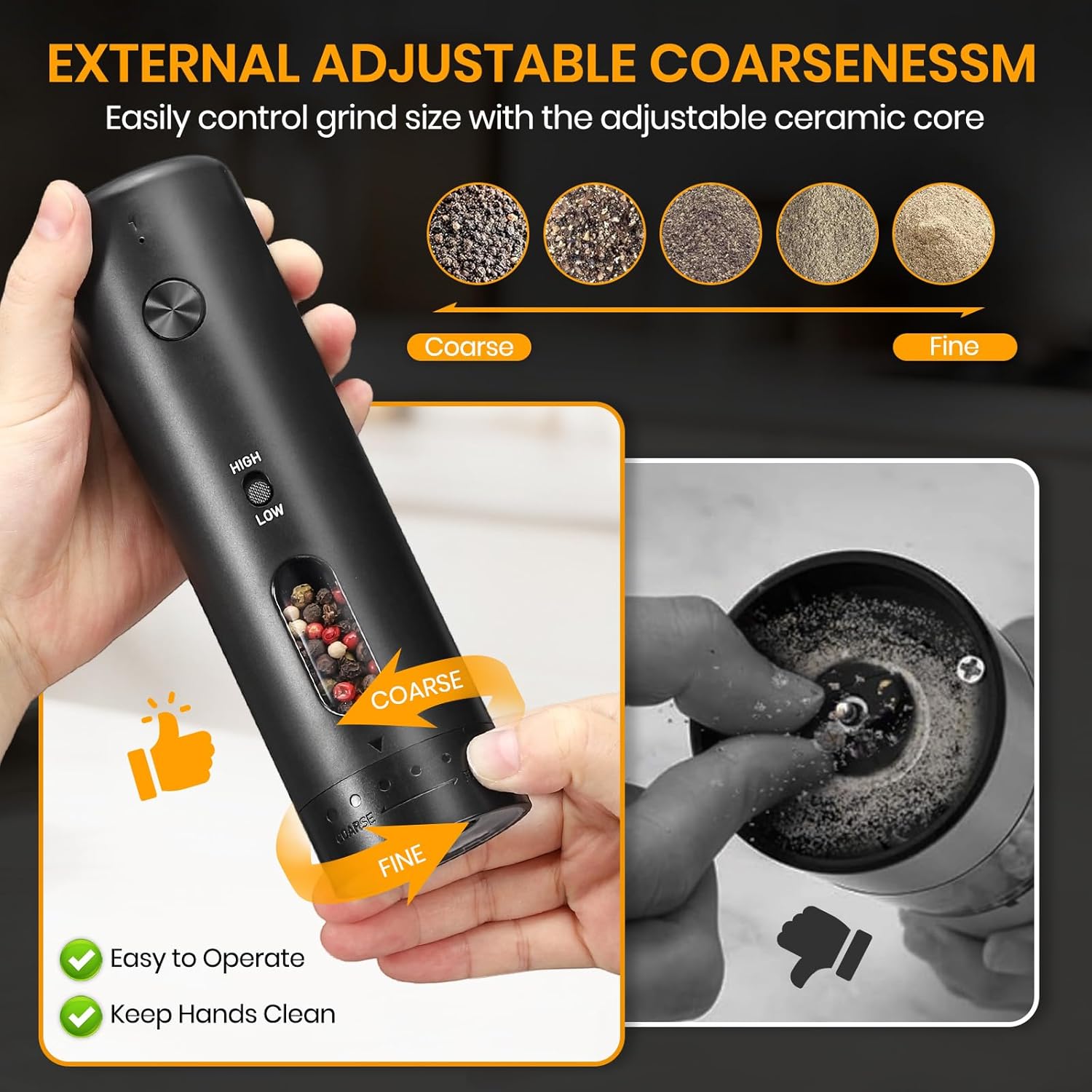 Rechargeable Salt Grinder Set Top-Refill Electric Grinders with Variable Grinding Speed, External Adjustable Coarseness, Black