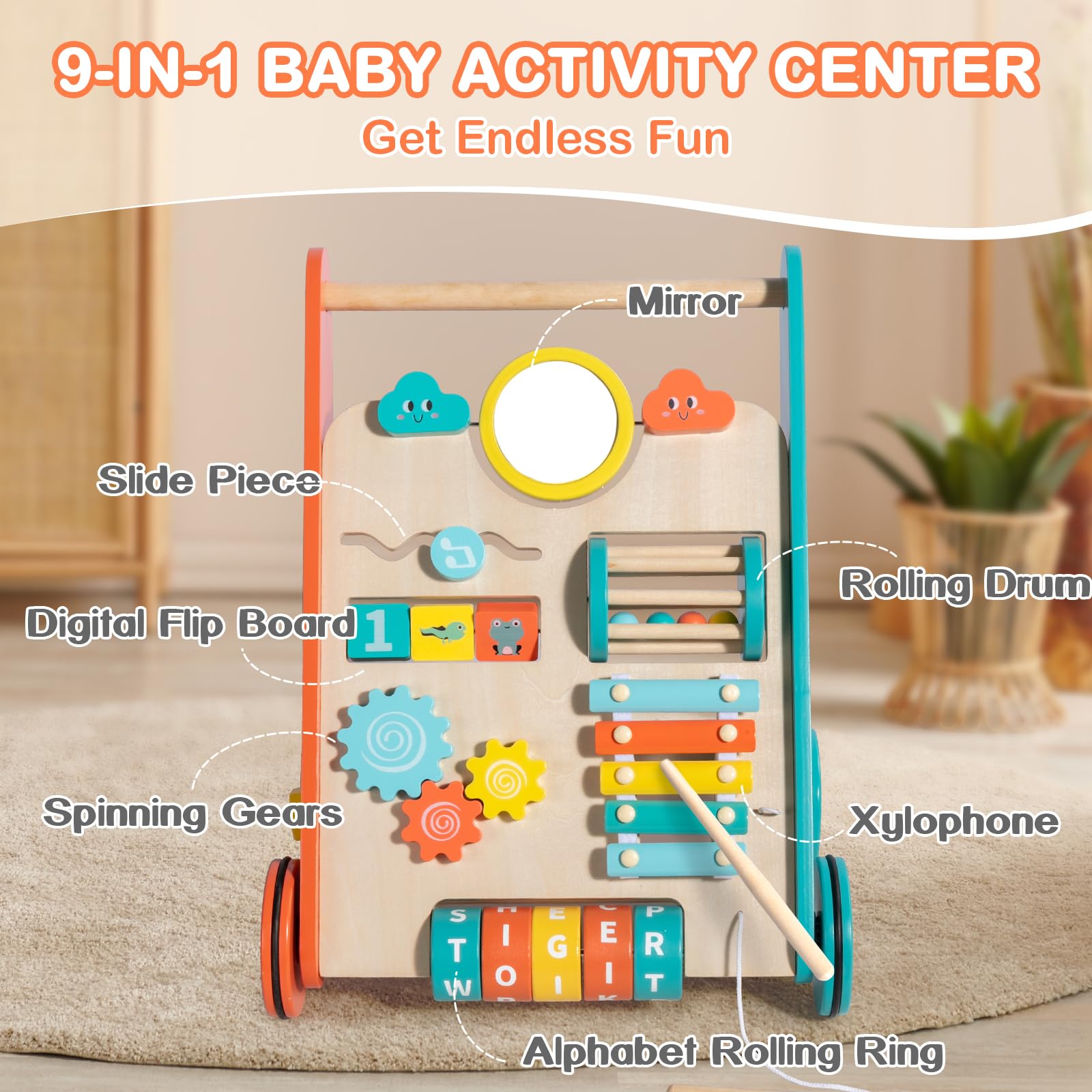 Wooden Baby Walker with Wheels, Walker for Baby Boys 6-12 Months Push Toy, Sit to Stand Activity Walker Learning to Walk