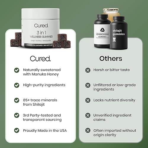 Miniatura 3 de Cured 3 en 1  Gomitas puras de Shilajit del Himalaya para hombres y mujeres  Musgo marino Ashwagandha y miel de manuka orgánica con más de 85