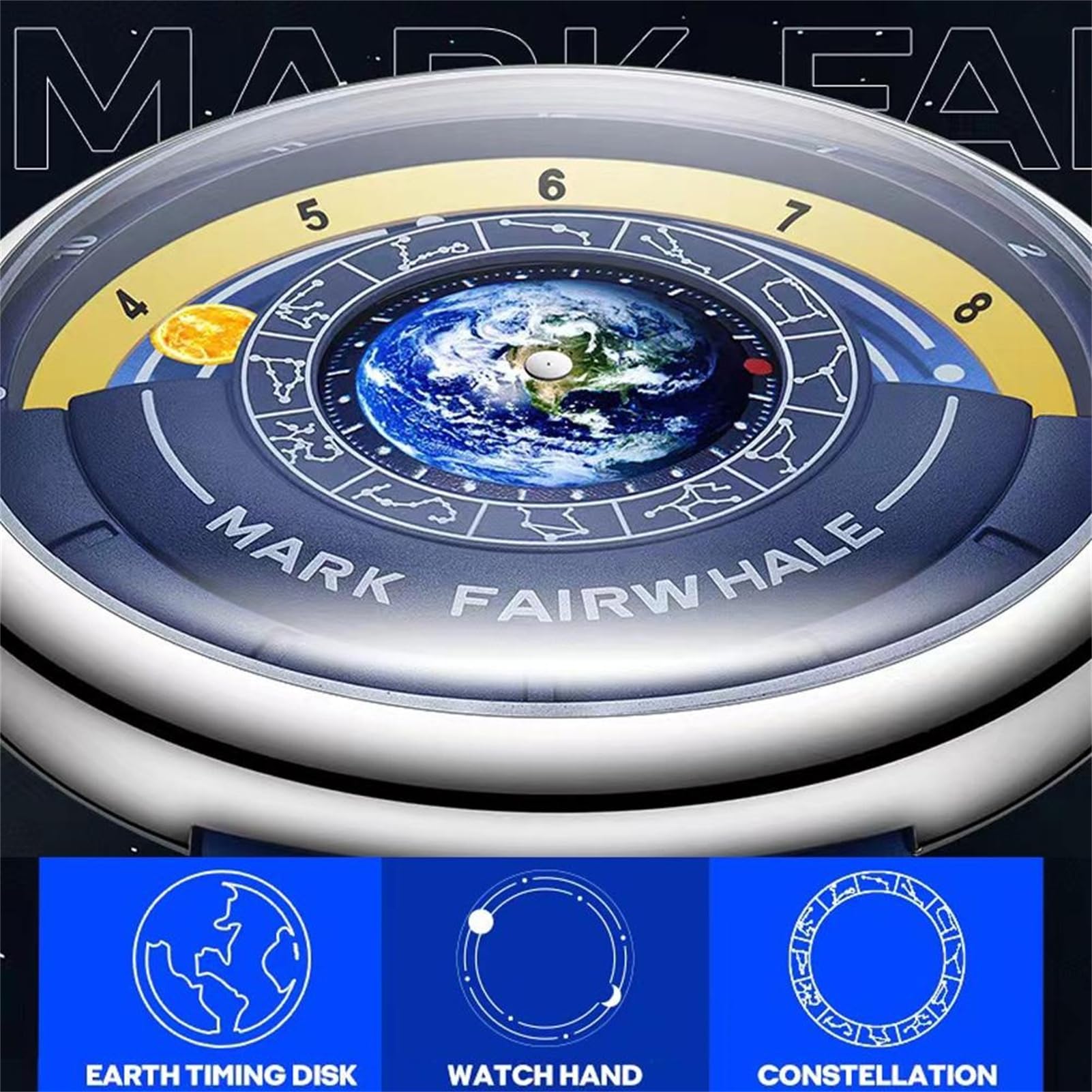 FORSINING Reloj de cuarzo de moda para hombre, diseño de luna, puntero especial, diseño de tierra, correa de silicona, resistente al agua, relojes casuales