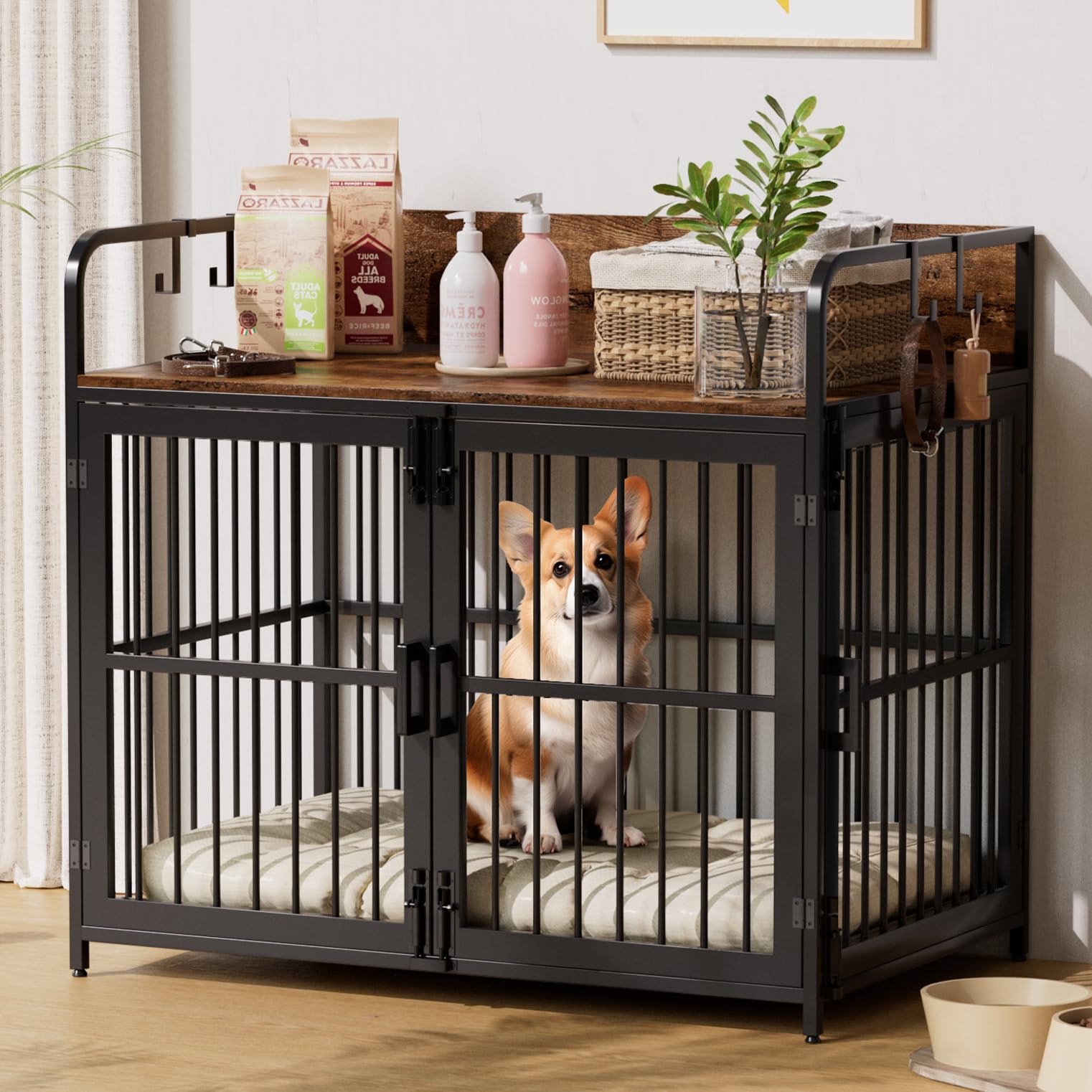 UDPATIO Dog Crate Furniture, Large Dog Cage with 2 Doors, Heavy Duty Dog Kennel Indoor for Small Medium Large Dogs, Wooden Dog House, 94x60x88cm (Rustic Brown)