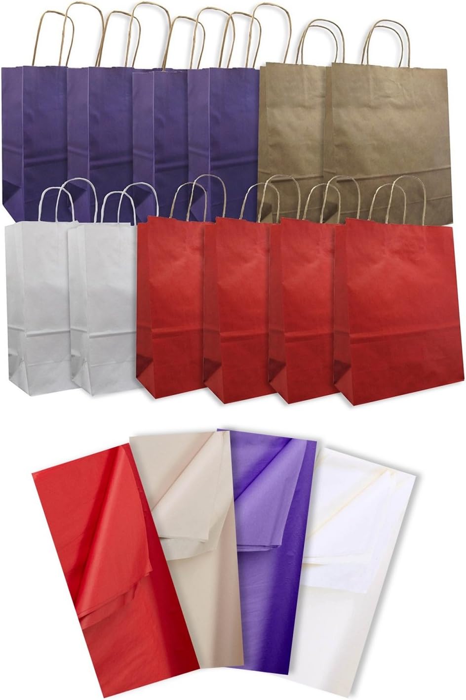 JILLSON & ROBERTS 12-Count Large Kraft Bags with Tissue Solid Color Assortment, Purple/Red/Natural/White
