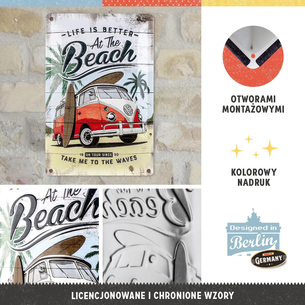 Nostalgic-Art Retro tabliczka z blachy, 20 x 30 cm, VW Bulli – Beach – Pomysł na prezent dla miłośnika Volkswagena Busa, Official License Product (OLP), z metalu, Styl vintage