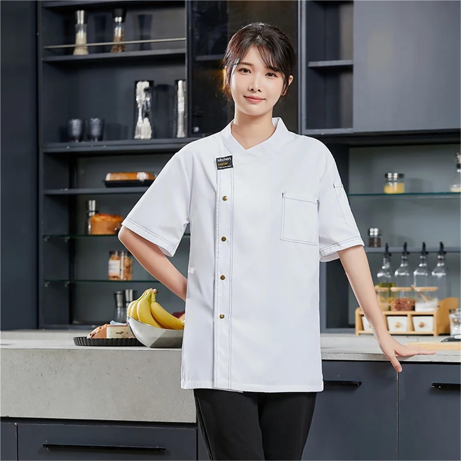 Kochjacke, Kochuniform, Kochjacke für Herren, Catering-Kochhemden, Sommer, Restaurant, Friseurladen, Kellnerhemd, Bäckerei, Kellner, Arbeitskleidung (weiß, M)