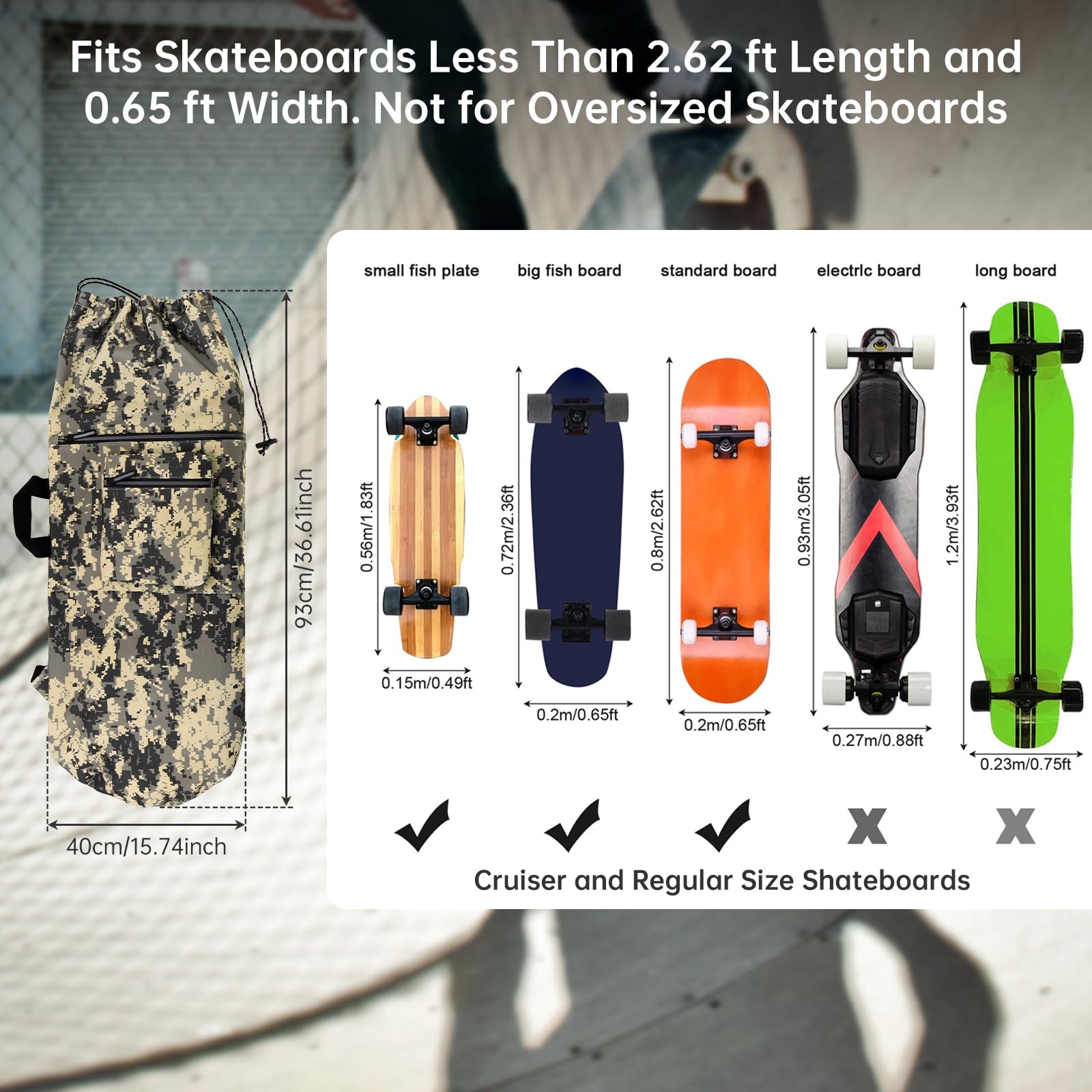 Zaino per skateboard, impermeabile, con tasca esterna e tracolla regolabile, custodia universale da 34 pollici per Cruiser e Longboard, mimetica