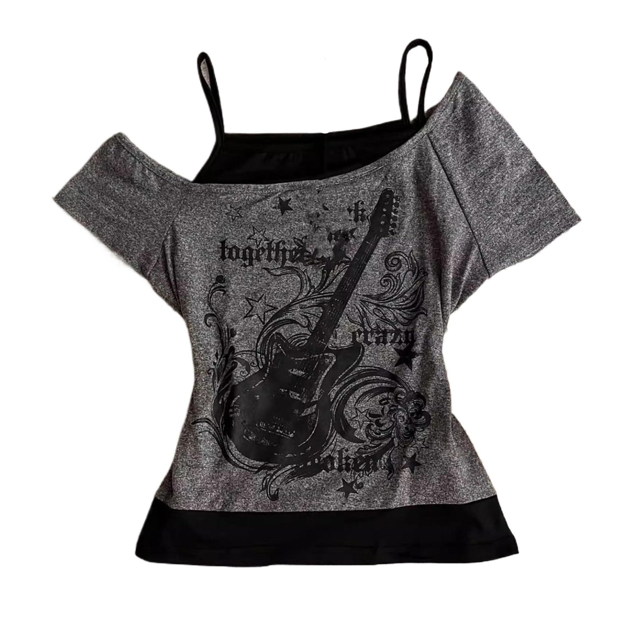 Thicc Women's Grey Emo Grunge T Shirts - Vintage Y2k Fake 2 Piece Guitar Graphic Baby Tee Gothic Aesthetic Short Sleeve Off Shoulder Crop Top Alt Streetwear Punk Summer Harajuku (,L)